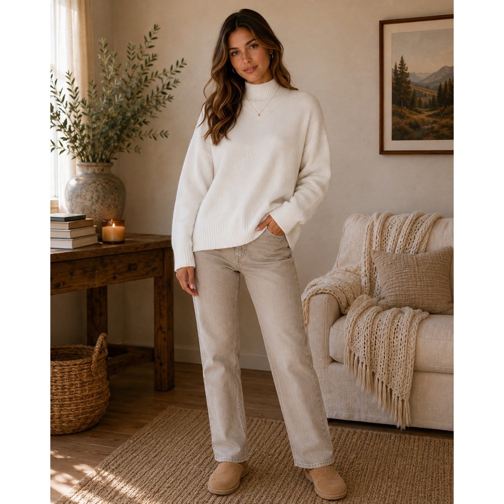 AllSaints Jumper Women XS White Asha Wool Blend Mock‎ Neck Knit Minimalist